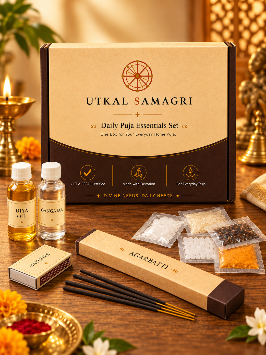 Utkal Samagri Daily Puja Essentials Set with 13 everyday puja items
